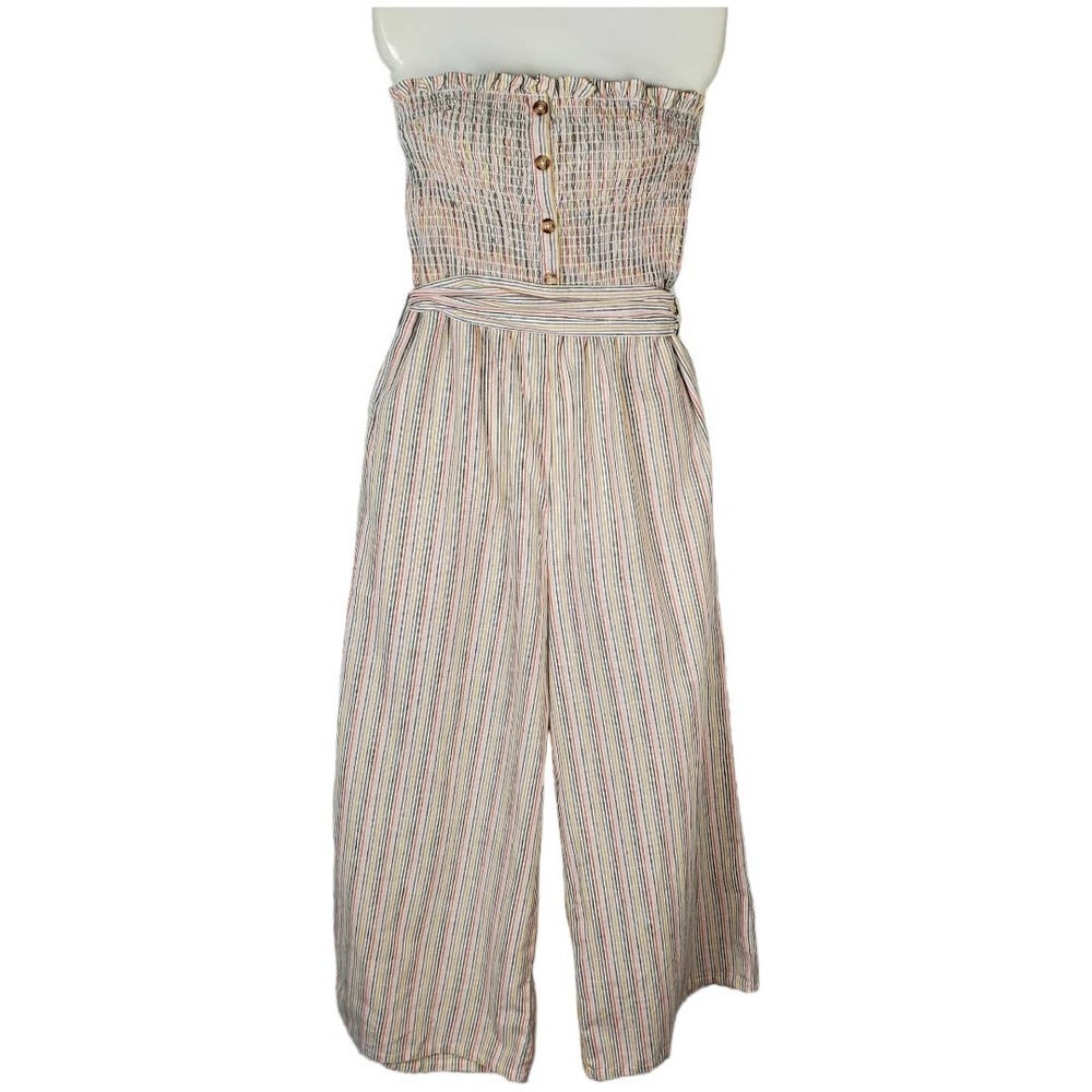 Olivaceous Strapless Linen Blend Smocked Wide Leg Jumpsuit Sz L Coastal Cowgirl